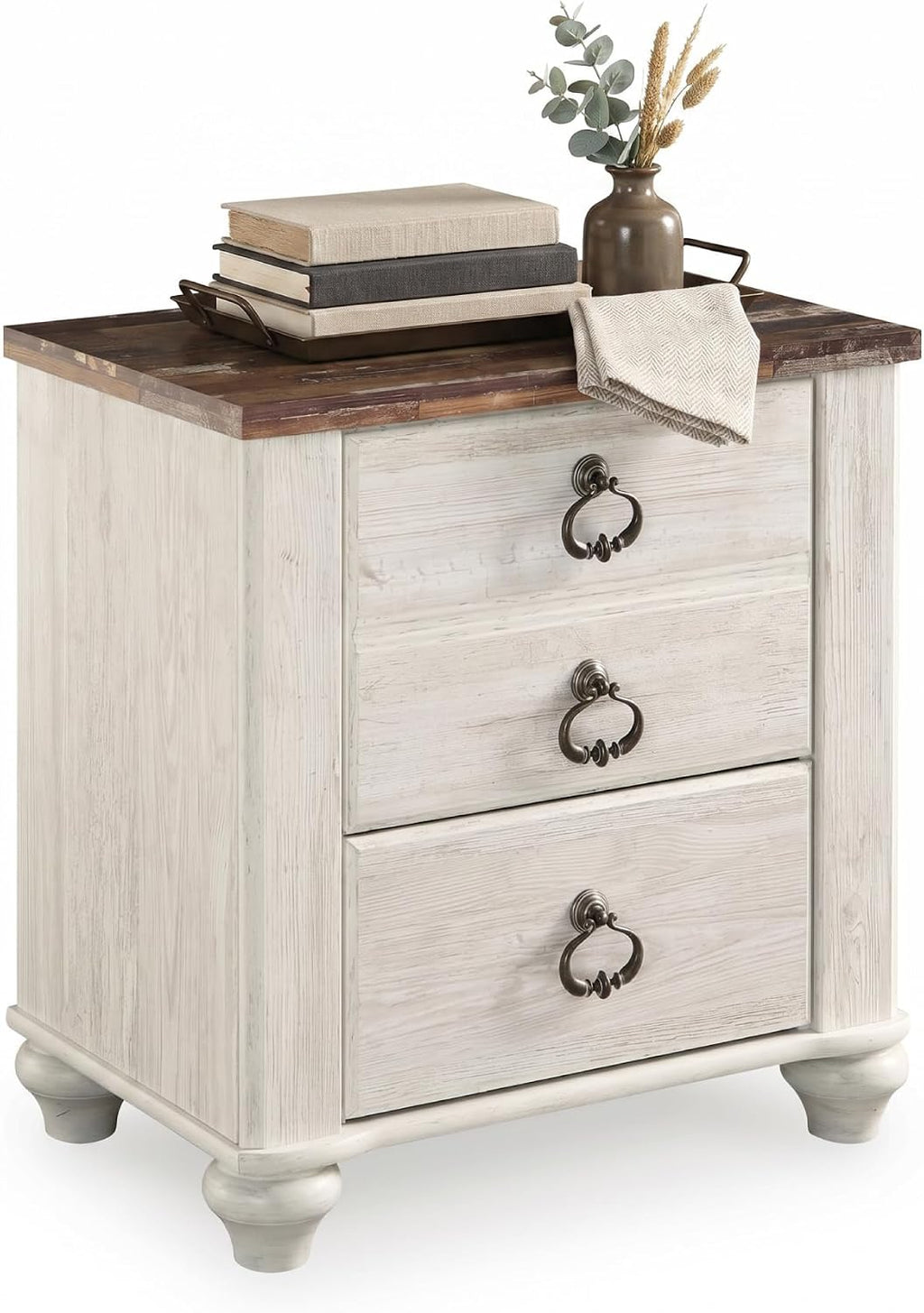 Signature Design by Ashley Willowton Farmhouse 2 Drawer Nightstand with USB Charging Ports, 25.67" Tall, Whitewash