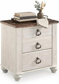 Signature Design by Ashley Willowton Farmhouse 2 Drawer Nightstand with USB Charging Ports, 25.67" Tall, Whitewash