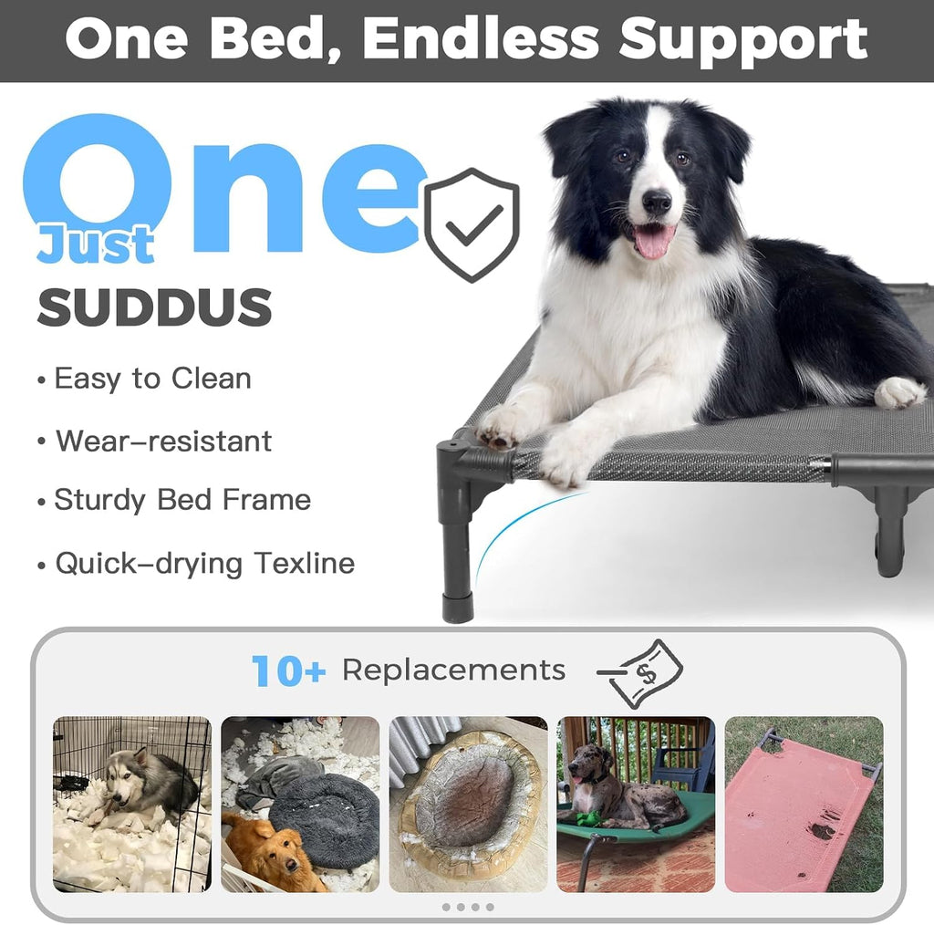 suddus Elevated Dog Bed for Large Dogs 120lb, Breathable Cooling Raised Dog Cot with Dual Support Bars & Metal Frame, No-Slip Feet, Waterproof Pet Bed for Indoor/Outdoor, X-Large, 48 * 36 * 9in, Grey