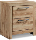 Signature Design by Ashley Hyanna Rustic Contemporary 2 Drawer Nightstand with 2 USB Charging Ports, Wood, 24.37" High, Light Golden Brown Finish