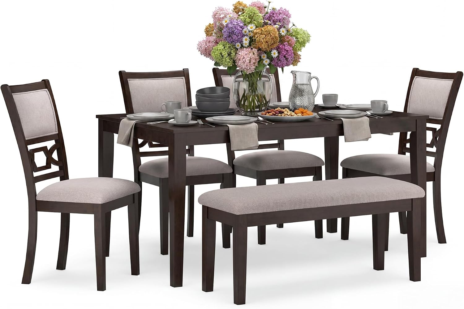 Signature Design by Ashley Langwest Dining Room Table Set, 4 Upholstered Chairs and Bench, Seats 6, Cushioned Seats, Wood, Cherry Brown