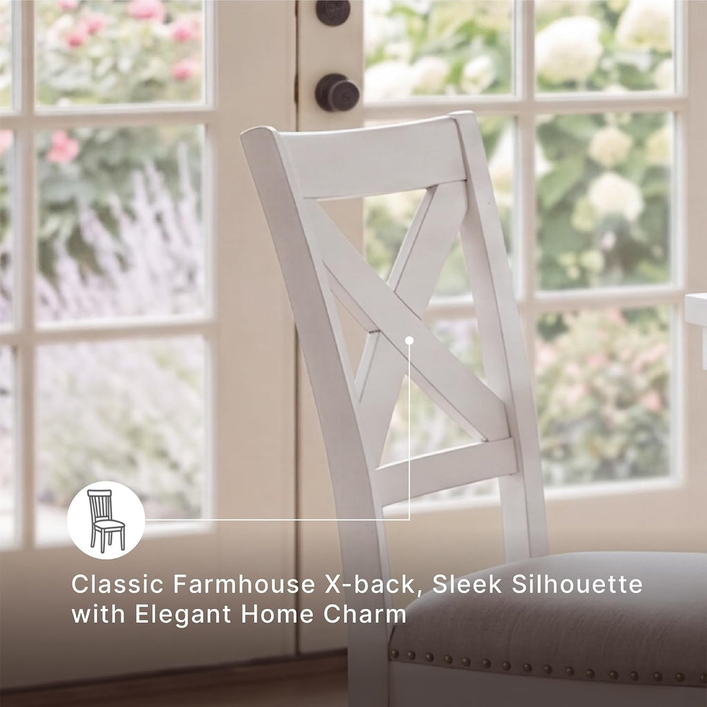 Signature Design by Ashley Robbinsdale Casual Upholstered Solid Wood Dining Chair with Nailhead Trim, Set of 2, White & Light Gray