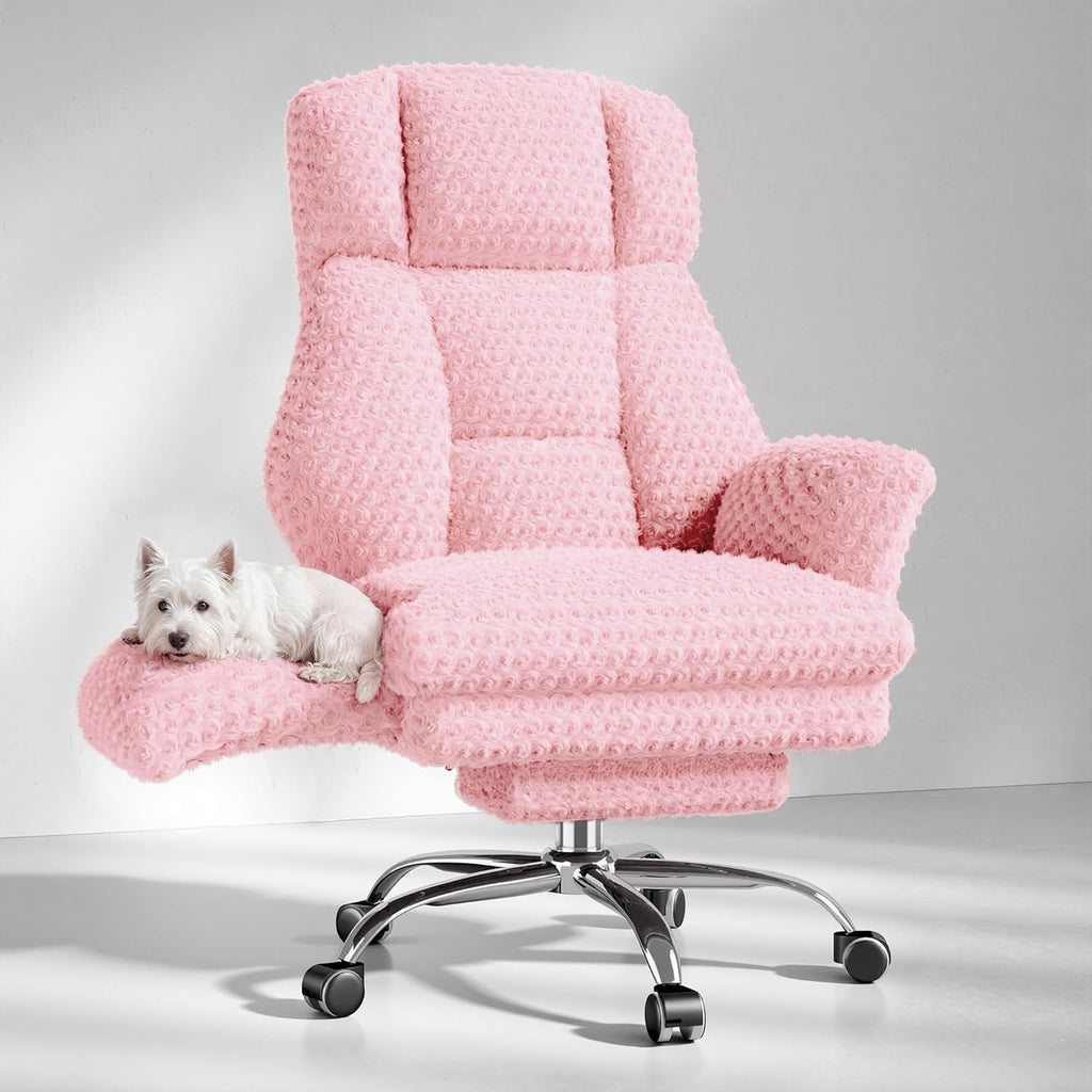 Big and Tall Office Chair, Flip Armrests for Pets & Cross Legged Sitting, Executive Ergonomic Computer Gaming Chair with Foot Rest, Teddy Fleece Wide Seat Reclining Desk Chair, White Vanity Chair