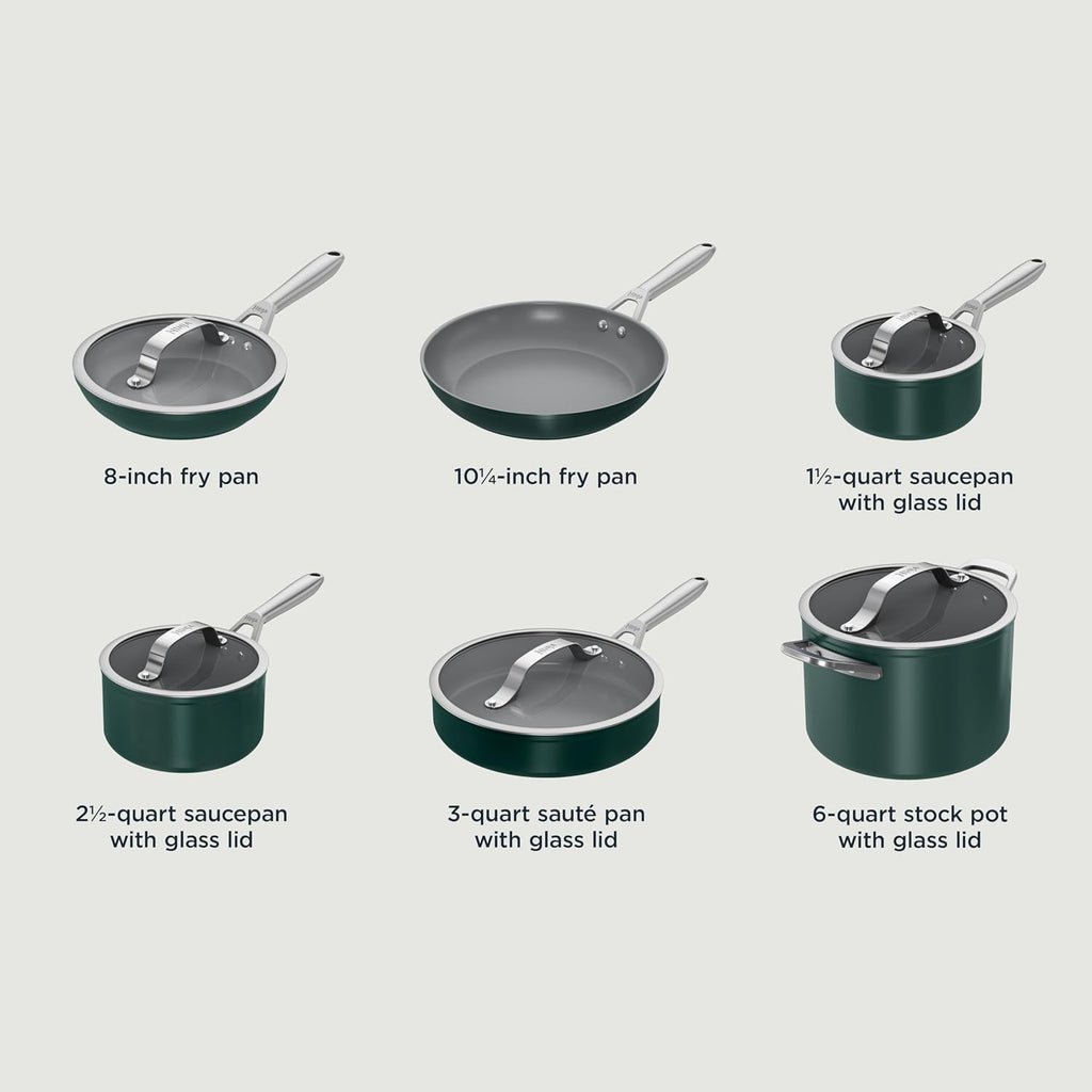 Ninja Ceramic Pro 11Piece Cookware Set, NonStick Pots & Pans Set with Glass Lids, Nontoxic, PTFE Free, Ceramic Coated, Oven Safe, All Stovetops & Induction Compatible, British Racing Green, CW39011GN
