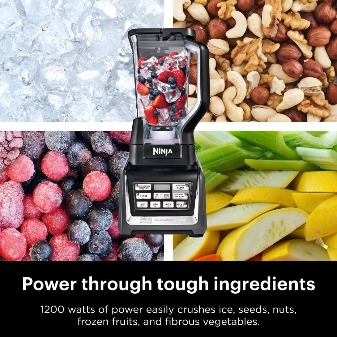 Ninja BL642 Nutri Ninja Personal & Countertop Blender with 1200W Auto-iQ Base, 72 oz. Pitcher, and 18, 24, & 32 oz. To-Go Cups with Spout Lids, For Smoothies, Shakes & More, Dishwasher Safe, Black..