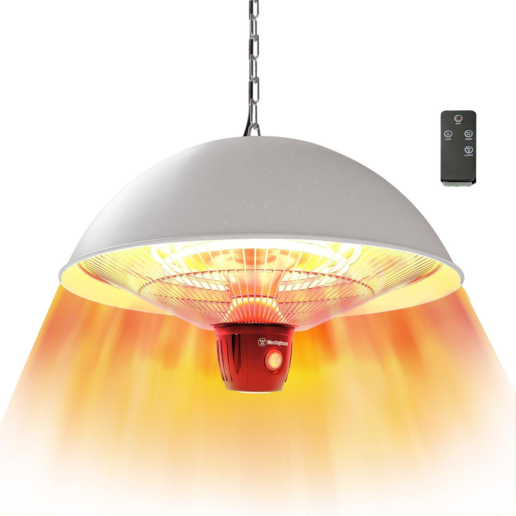 Westinghouse Outdoor Ceiling Patio Heater, Water Resistant, Adjustable Heat Output Up to 1500W, Auto Shut Off Overheat Protection, Hanging Infrared Heater for Patio Cover, Gazebo, & More - White