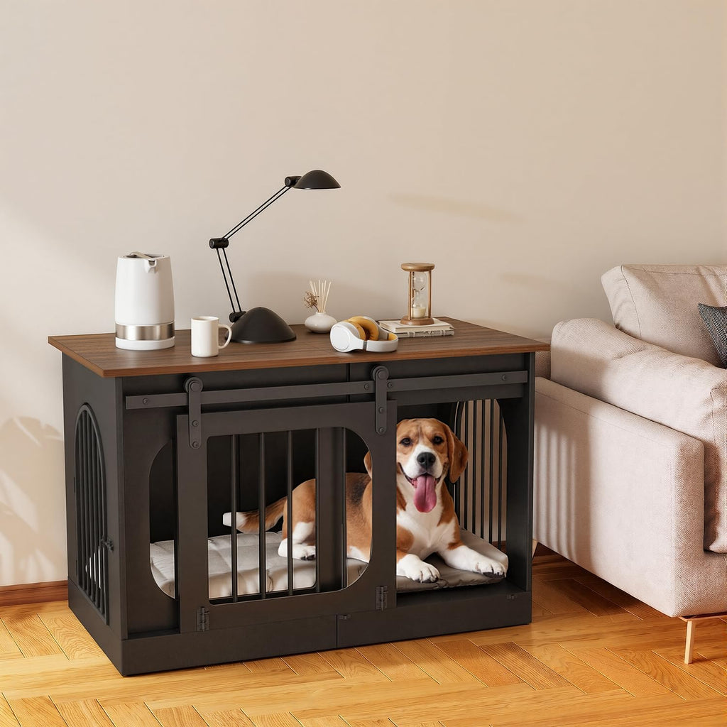 XL Dog Kennel Furniture,39.4 Inch Farmhouse Crate Furniture with Cushion Decorative White Dog Kennel Indoor Thick Wooden Pet House End Table Modern Cage Furniture for Small/Medium/Large Dog