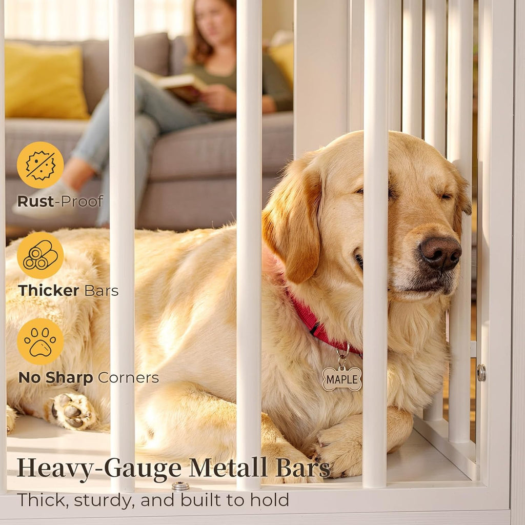 Dog Crate Furniture 38in, Wooden Indoor Pet Kennel End Table with 360 Degree Rotating Feeder Door, Secure Double Latches and Solid Base for Medium Dogs, Natural and White