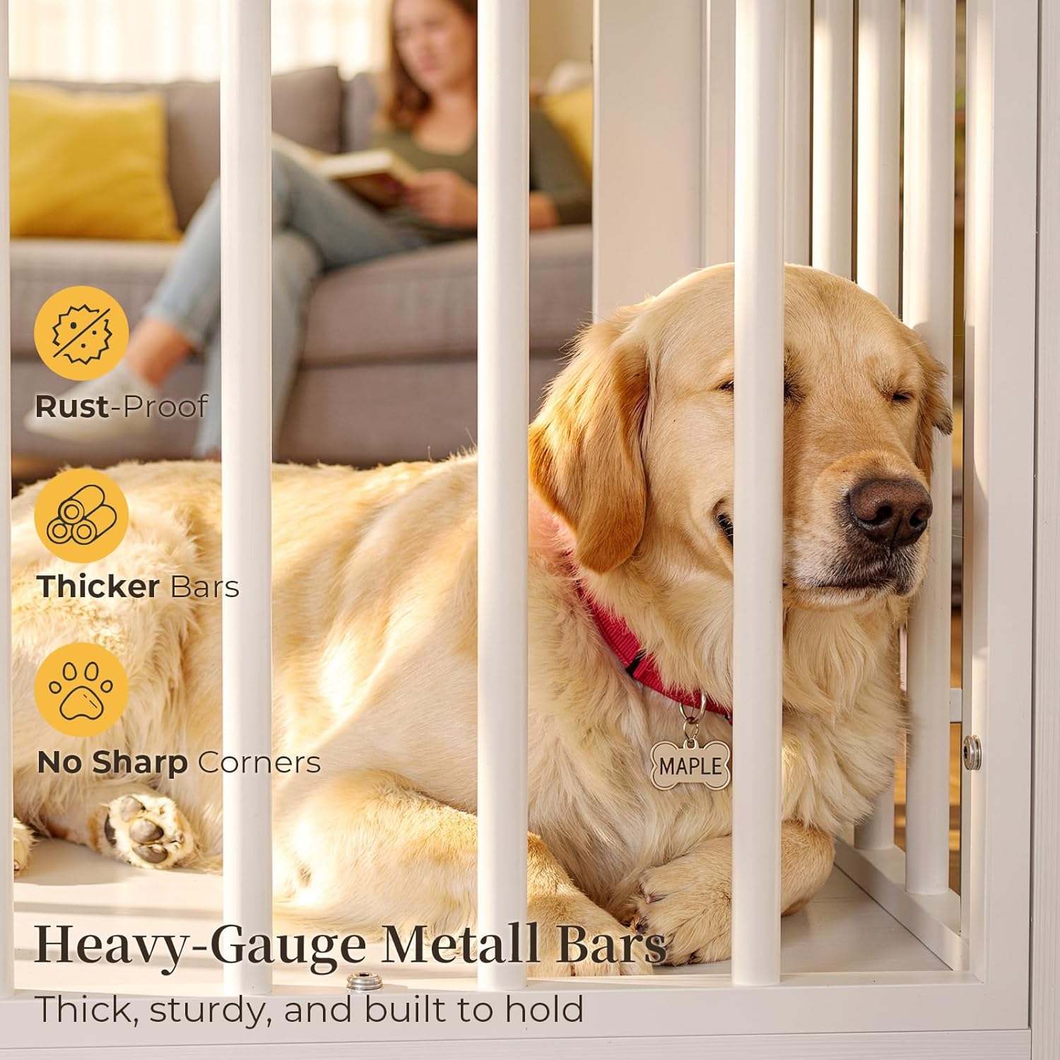 Dog Crate Furniture 38in, Wooden Indoor Pet Kennel End Table with 360 Degree Rotating Feeder Door, Secure Double Latches and Solid Base for Medium Dogs, Natural and White