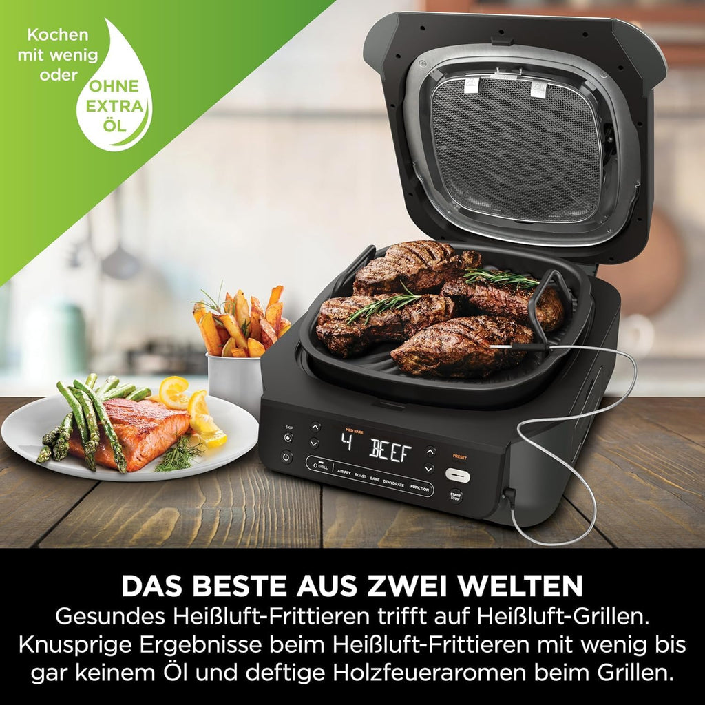 Ninja 5-in-1 Oil-Free Indoor Grill & Deep Fryer, 5 Modes, Cooks Up to 4 Burgers, 5.7L Capacity, Low Smoke Digital Meat Thermometer Included, Black/Silver, EG351EU