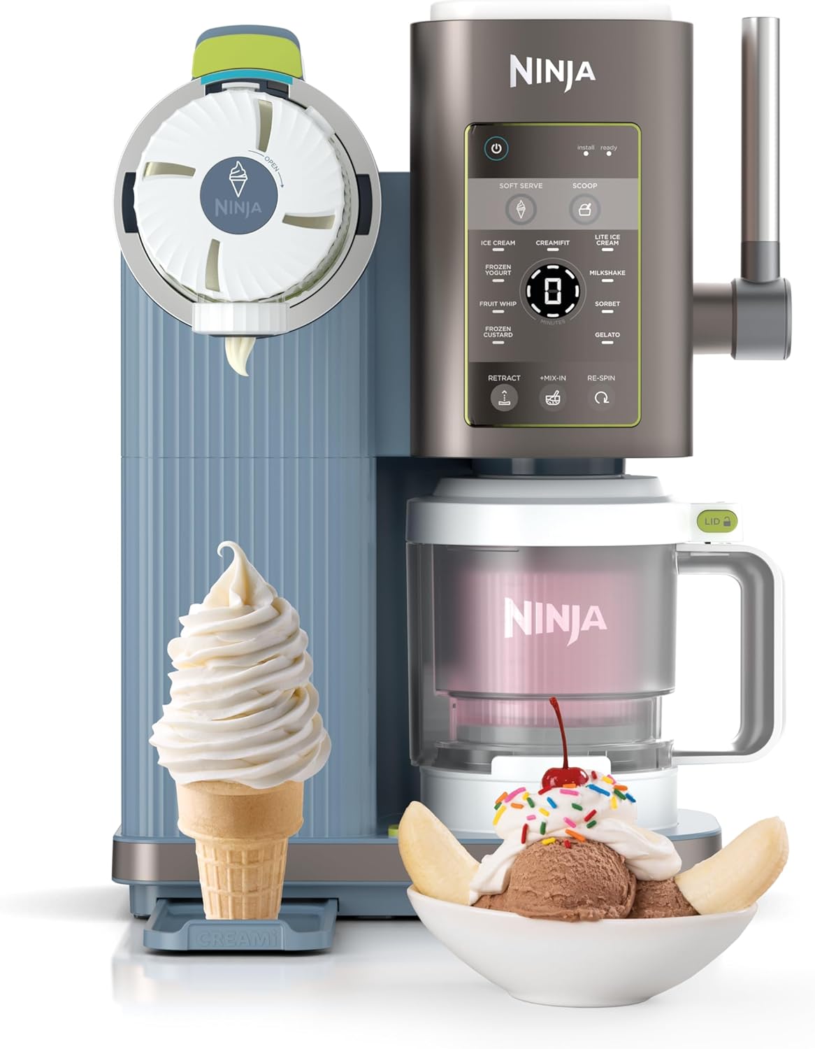 Ninja CREAMi Scoop & Swirl Ice Cream Maker, Soft Serve Desserts, Sorbet, Milkshakes, Frozen Yogurt and More, 13-in-1 Programs, Includes Handle and Two 16 oz 2-in-1 Pints, Blue, NC701ND