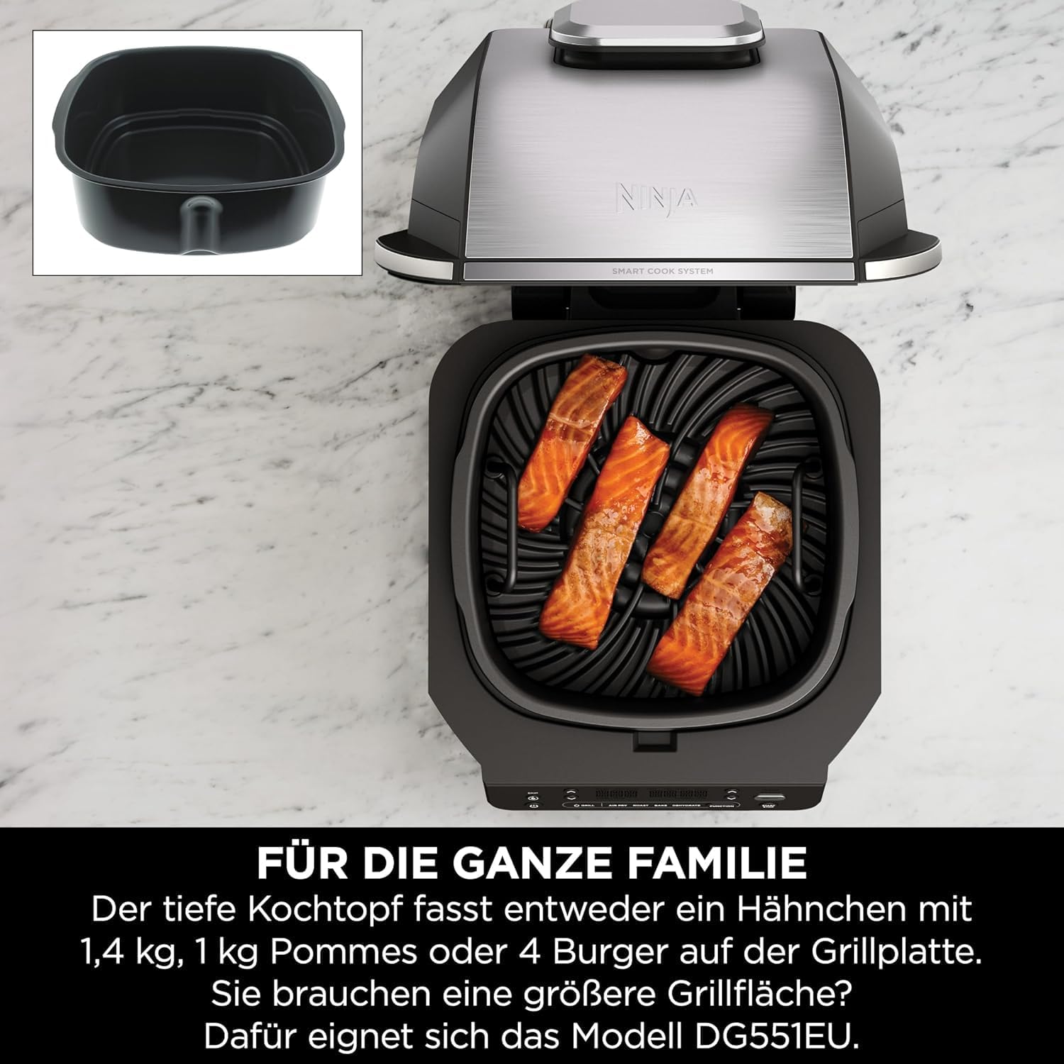 Ninja 5-in-1 Oil-Free Indoor Grill & Deep Fryer, 5 Modes, Cooks Up to 4 Burgers, 5.7L Capacity, Low Smoke Digital Meat Thermometer Included, Black/Silver, EG351EU