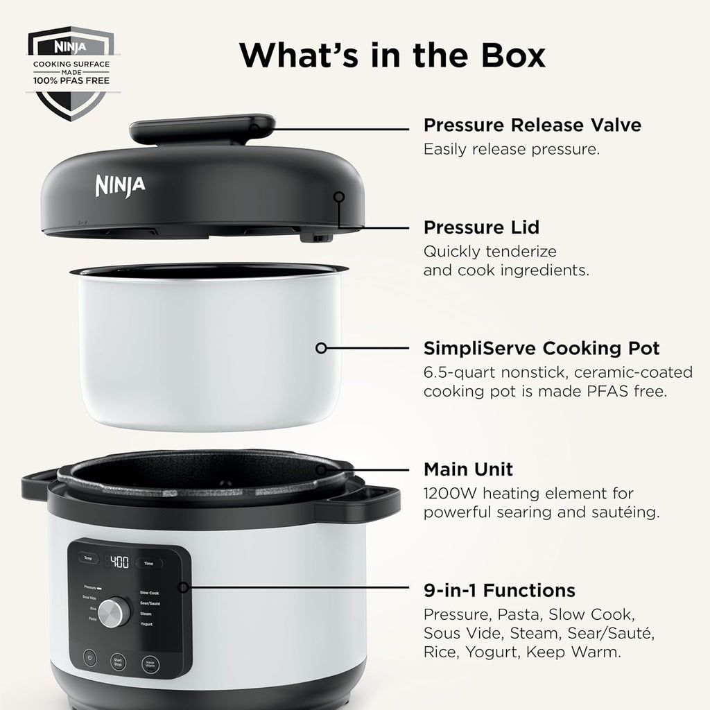Ninja HyperHeat 9-in-1 Electric Pressure Cooker | 6.5 Qt Multi Cooker with Sear/Sauté, Slow Cooker, Rice Cooker, Sous Vide | 1200W | Fast Cooking, PFAS-Free Pot | White | PC201WH