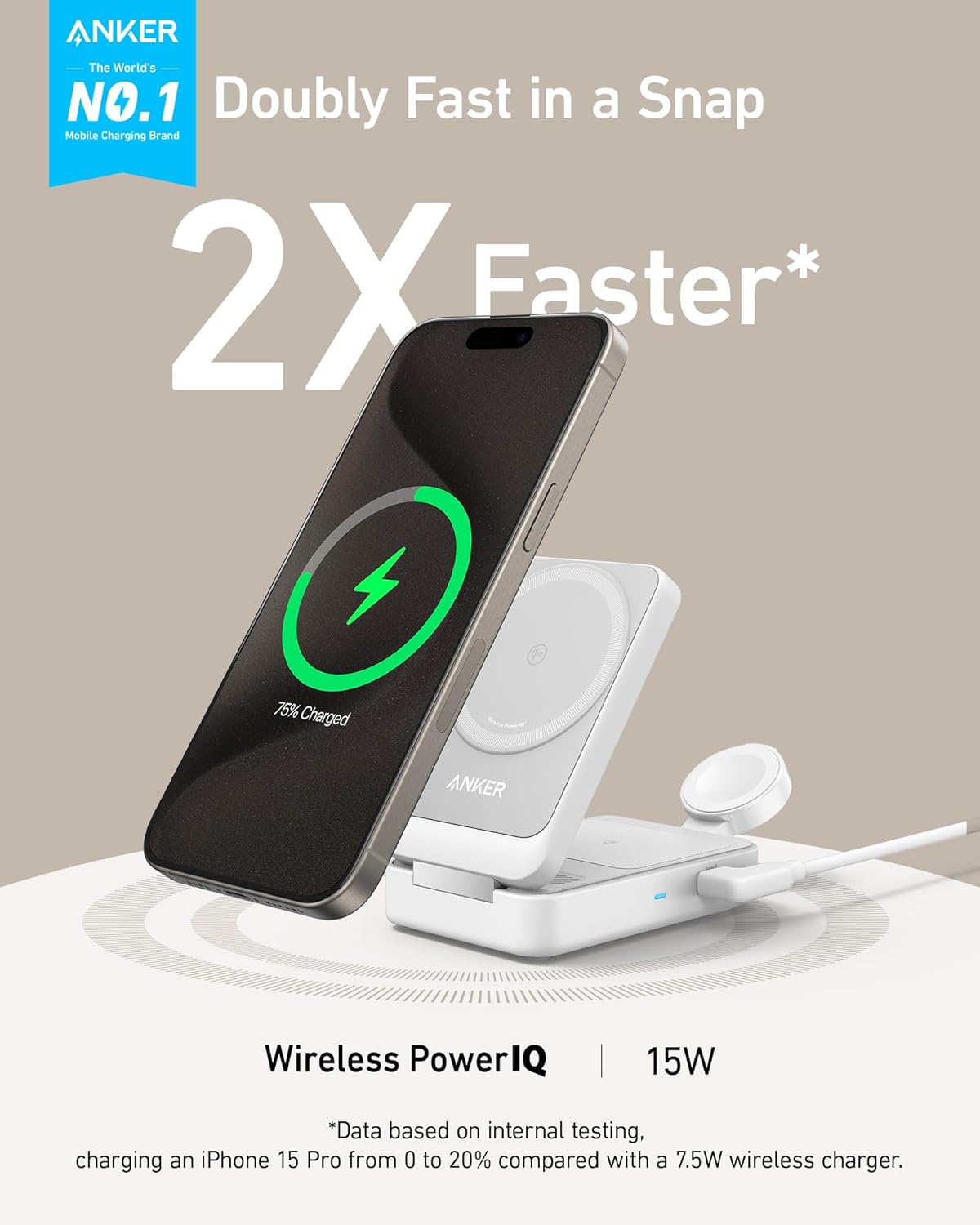 Anker MagGo 3-in-1 MagSafe Compatible Qi2 15W Foldable Charging Station | Qi2 Certified Wireless Charging Stand, for iPhone 17 / 16 / 15 / 14 Series, AirPods, Apple Watch Ultra (Adapter Included)