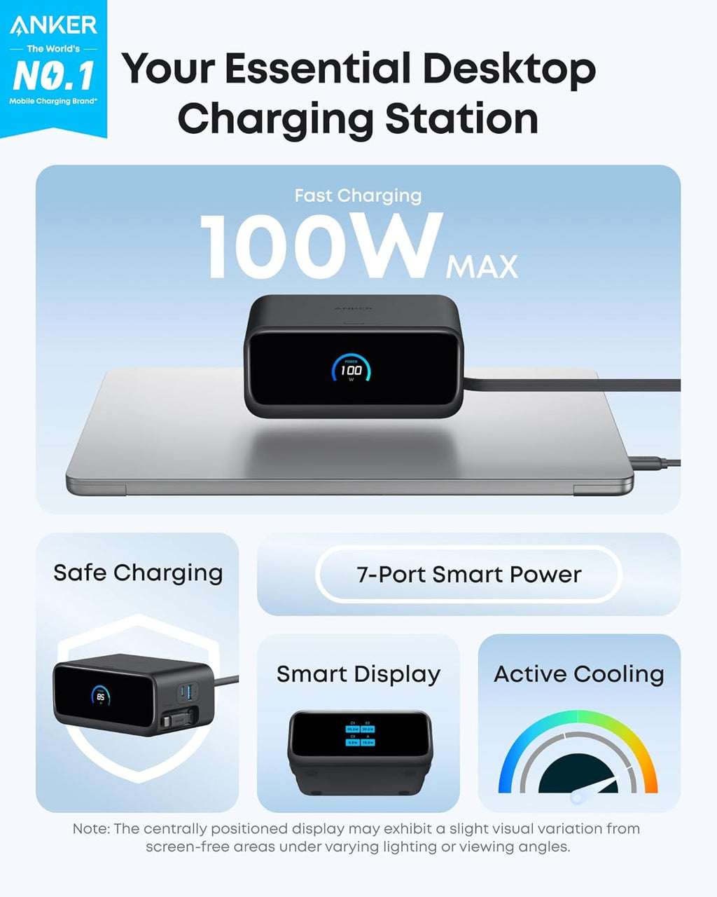 Anker Nano Charging Station, 100W 7-in-1 Power Strip, InstaCord | 2.3ft Retractable Cable, Gaming Desk Accessories for Multiple Devices, 3 AC, 3 USB C, 1 USB A, MacBook Charger, Home Office
