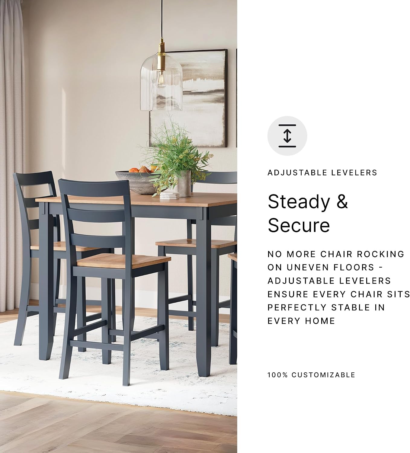 Signature Design by Ashley Gesthaven Counter Height Dining Table Set 4 Bar Stools, Butcher Block Veneer Top, Natural Mango Wood and Dark Slate Blue, 41.88" Square