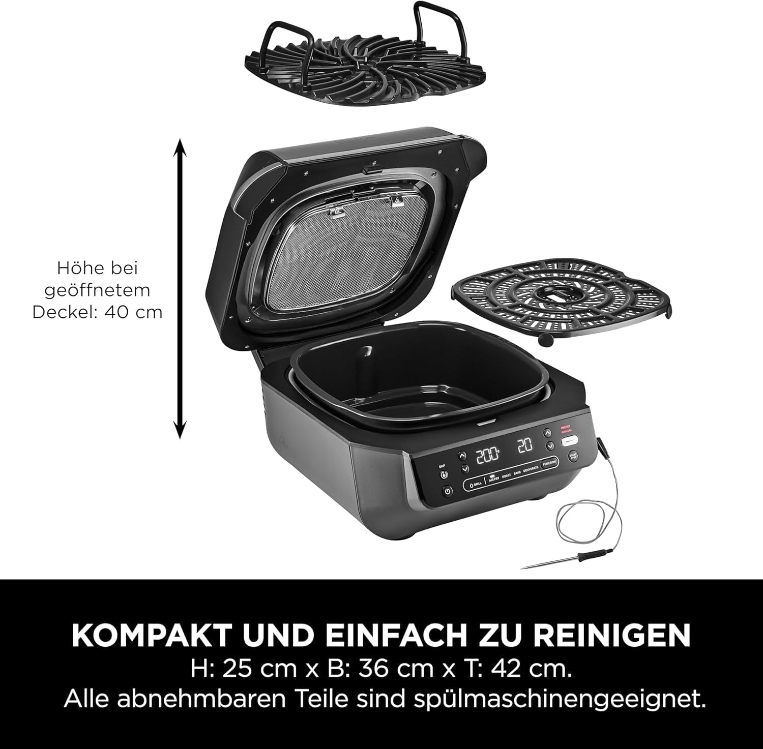 Ninja 5-in-1 Oil-Free Indoor Grill & Deep Fryer, 5 Modes, Cooks Up to 4 Burgers, 5.7L Capacity, Low Smoke Digital Meat Thermometer Included, Black/Silver, EG351EU