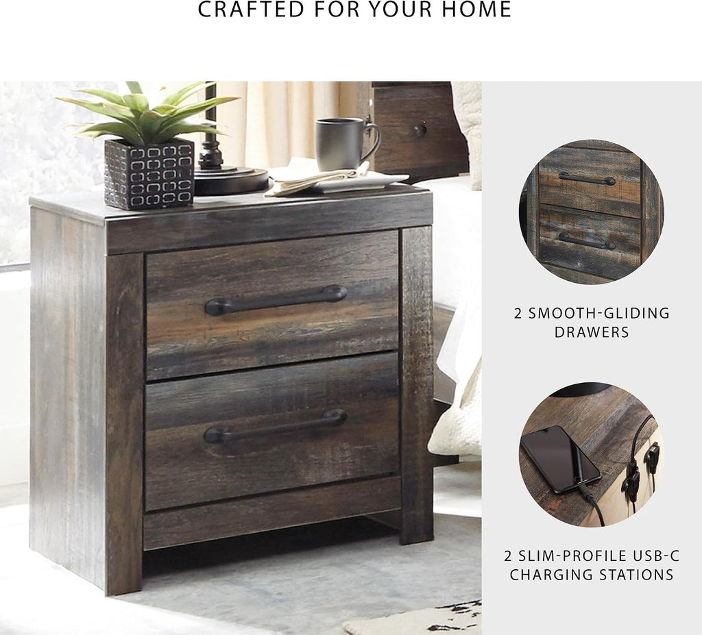 Signature Design by Ashley Drystan Rustic Industrial 2 Drawer Nightstand with 2 Slim-Profile USB Charging Stations, 24.37" Tall, Weatherworn Brown