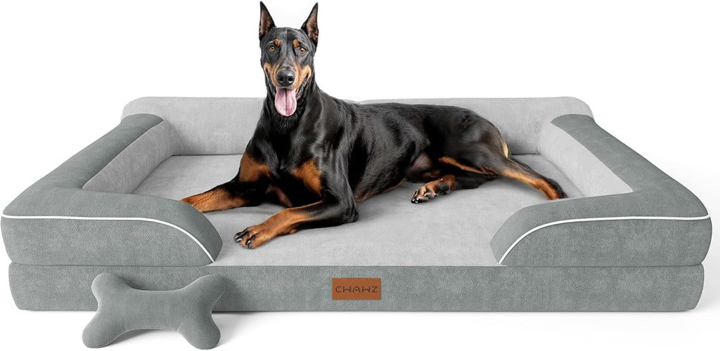CWAWZ Extra Large Dog Bed, Orthopedic Dog Bed with Cooling Gel Memory Foam, Waterproof XL Pet Bed with Removable Washable Cover, 42" Pet Sofa Couch Dutch Velvet with Bone Toy, Light Gray