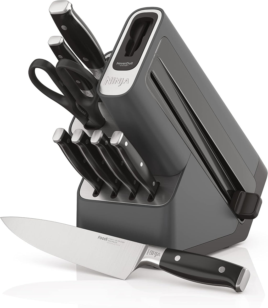 Ninja K62014 Foodi NeverDull Premium 14-Piece German Stainless Steel Knife System with Built-in Sharpener, Stainless Steel/Black