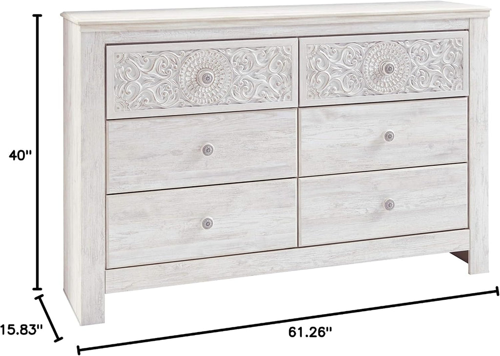 Signature Design by Ashley Paxberry Boho 6 Drawer Dresser, Smooth-gliding Faux Laminate Lined Drawers, Wood, 61.26" W x 15.83" D x 40" H, Whitewash