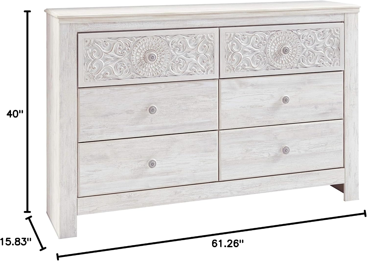 Signature Design by Ashley Paxberry Boho 6 Drawer Dresser, Smooth-gliding Faux Laminate Lined Drawers, Wood, 61.26" W x 15.83" D x 40" H, Whitewash