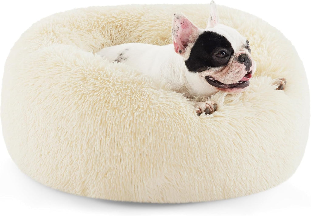 Bedsure Calming Dog Bed Medium Size Dog - Donut Washable Medium Pet Bed, 30 inches Anti-Slip Round Fluffy Plush Faux Fur Cat Bed, Fits up to 45 lbs Pets, Camel