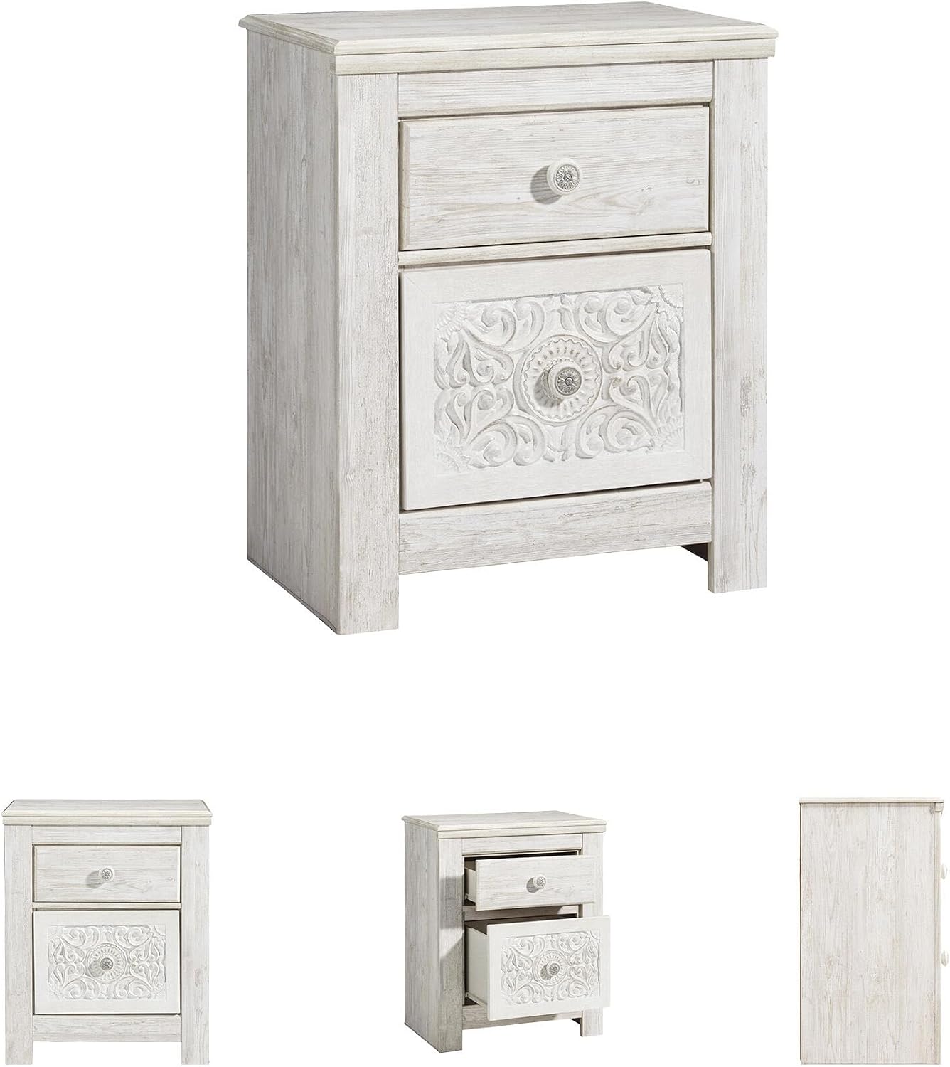 Signature Design by Ashley Paxberry Boho 2 Drawer Nightstand with 2 Slim-Profile USB Charging Ports, 29.21" Tall, Whitewash