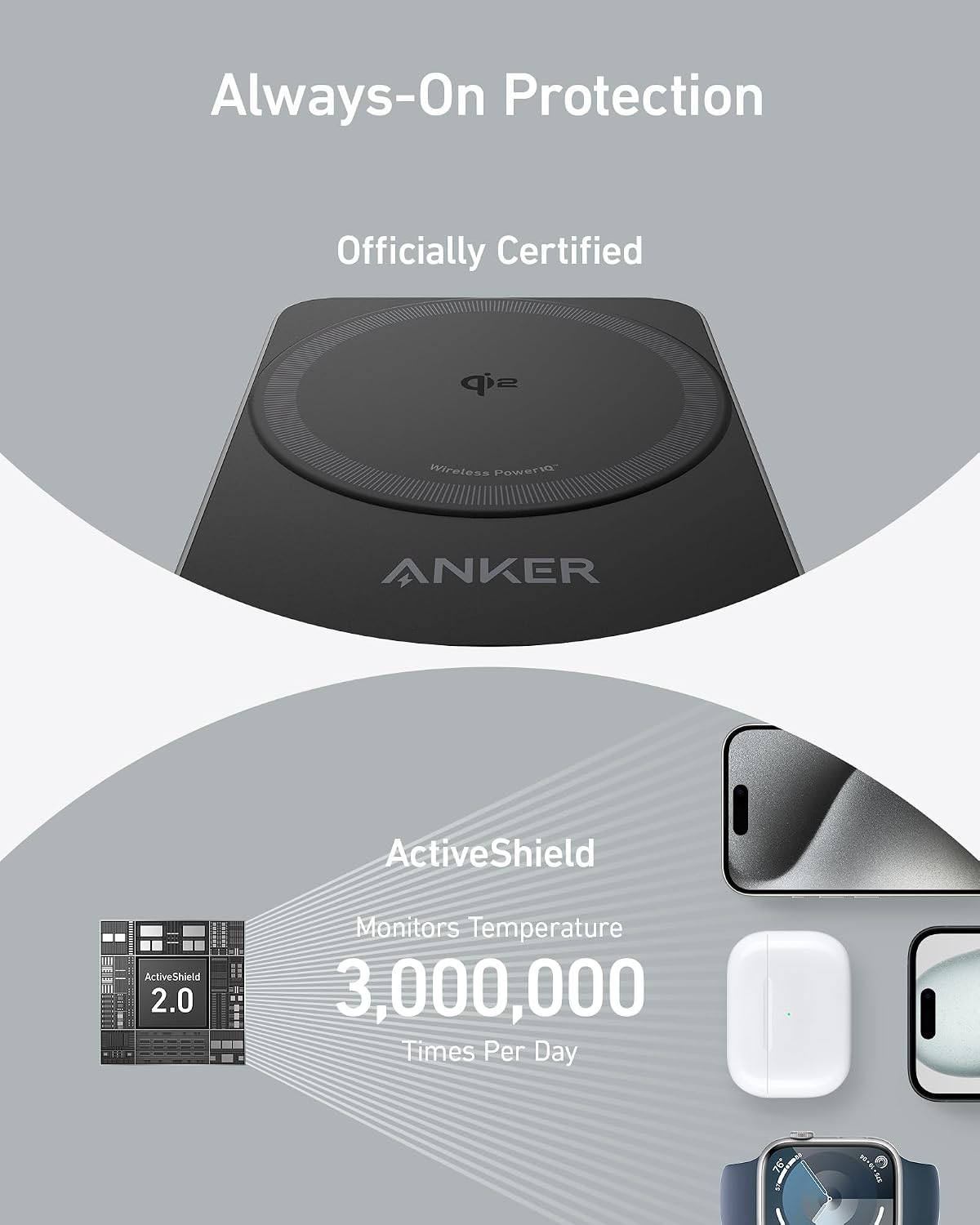 Anker MagGo 3-in-1 MagSafe Compatible Qi2 15W Foldable Charging Station | Qi2 Certified Wireless Charging Stand, for iPhone 17 / 16 / 15 / 14 Series, AirPods, Apple Watch Ultra (Adapter Included)