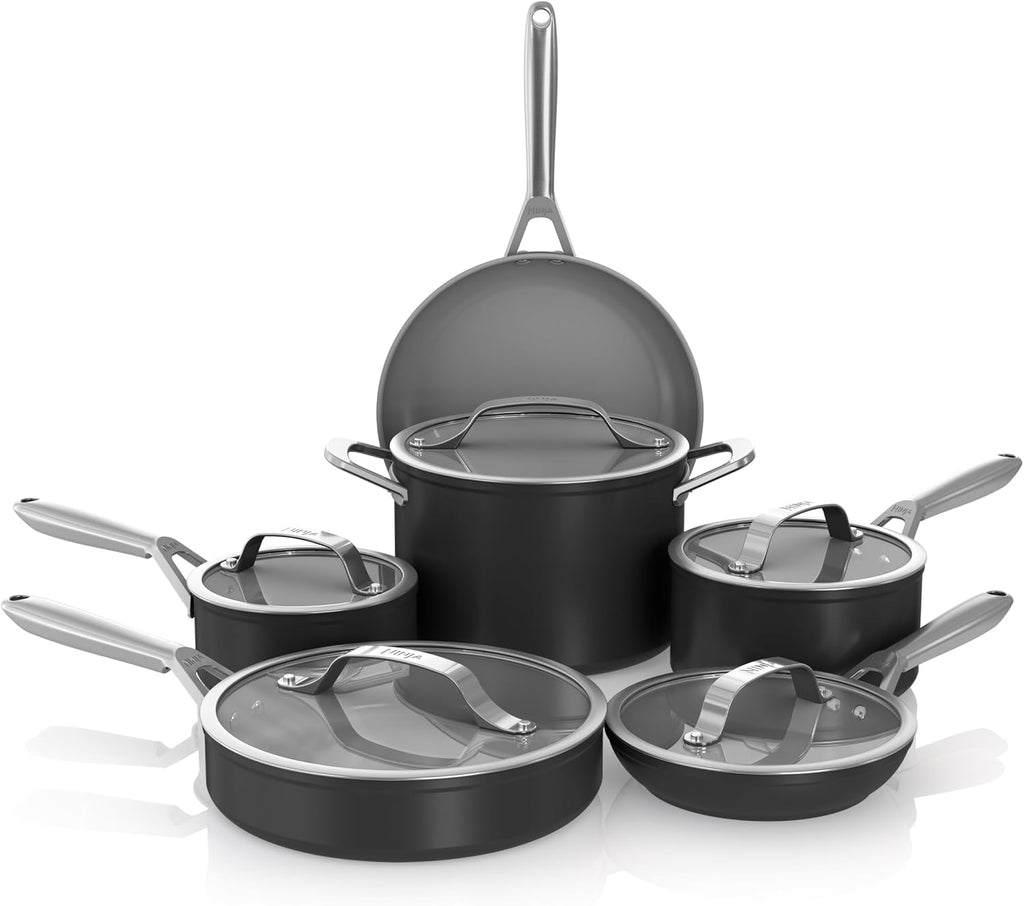 Ninja Ceramic Pro 11-Piece Cookware Set, Non-Stick Pots & Pans Set with Glass Lids, Nontoxic, PTFE Free, Ceramic Coated, Oven Safe, All Stovetops & Induction Compatible, Black, CW39011BK