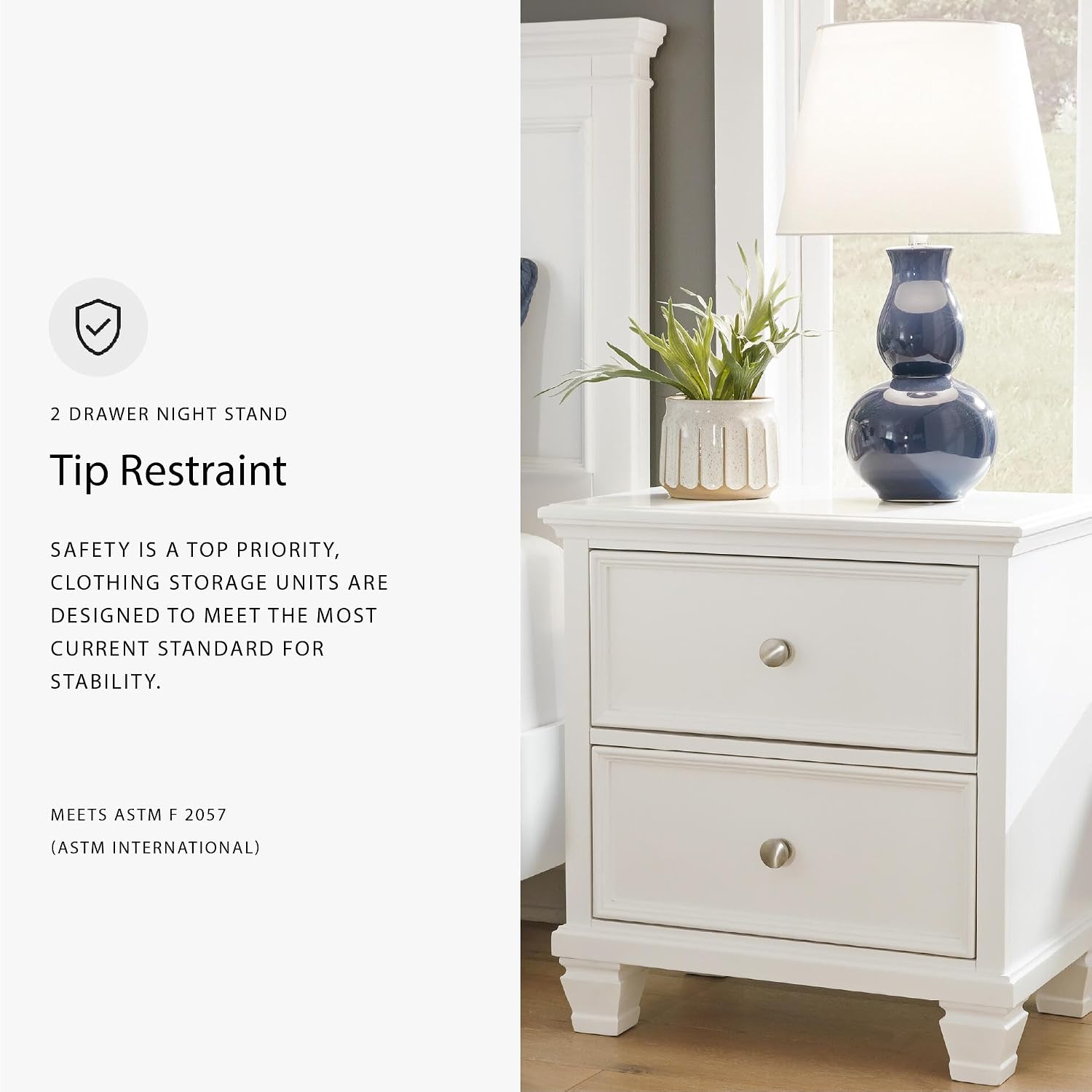 Signature Design by Ashley Fortman White Nightstand, 2 Drawer Storage, Hardwood Solids and MDF Construction, Traditional Wood Bedside Table, 25" W