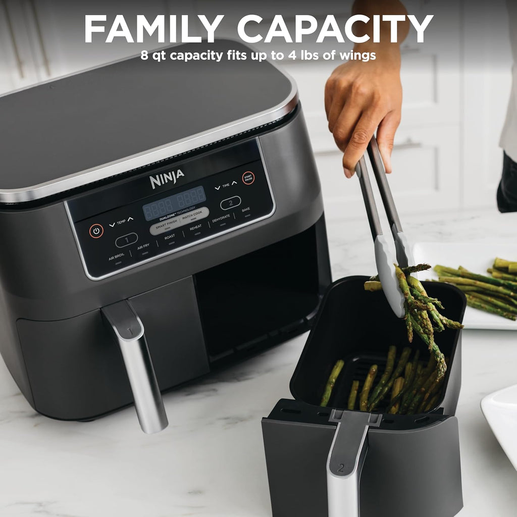 Ninja DZ201 Foodi 8 Quart 6-in-1 DualZone 2-Basket Air Fryer with 2 Independent Frying Baskets, Match Cook & Smart Finish to Roast, Broil, Dehydrate & More for Quick, Easy Meals, Grey