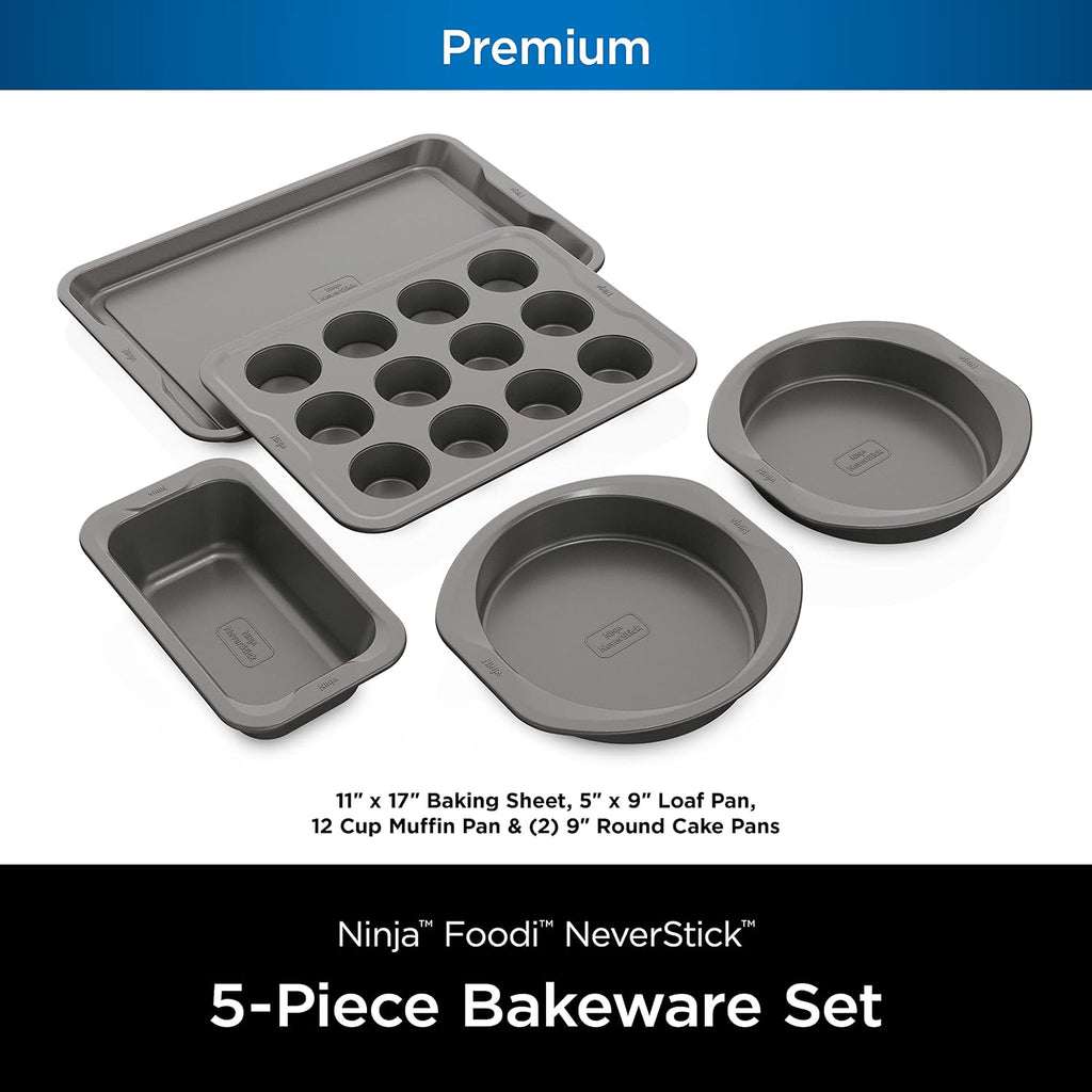 Ninja B35005 Foodi NeverStick Premium 5-Piece Bakeware Sheet Set, Oven Safe up to 500⁰F, with 11x17 Inch Baking Sheet, 5x9 Inch Loaf Pan, 12 Cup Muffin Pan, & (2) 9 Inch Round Cake Pans, Grey