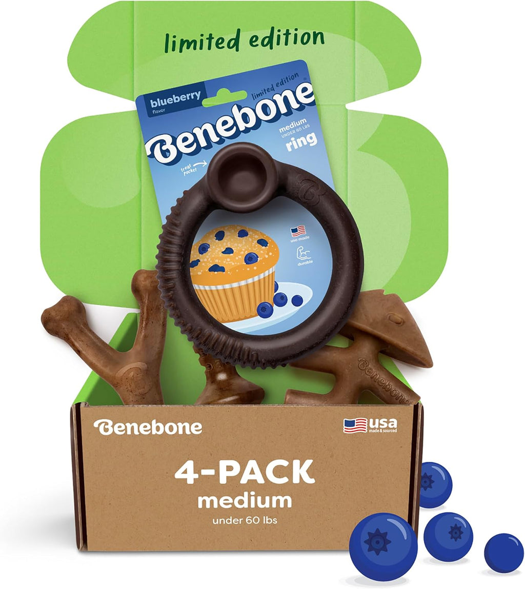 Benebone Medium 4-Pack Dog Toys for Aggressive Chewers – Durable Dog Bones, Made in USA – Dog Toys for Medium Dogs Under 60 lbs