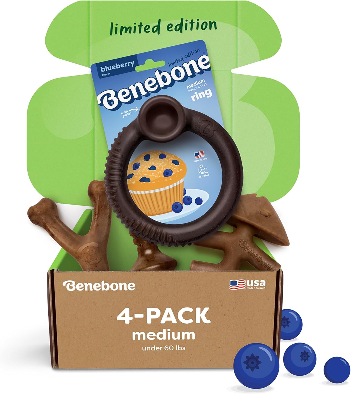 Benebone Medium 4-Pack Dog Toys for Aggressive Chewers – Durable Dog Bones, Made in USA – Dog Toys for Medium Dogs Under 60 lbs