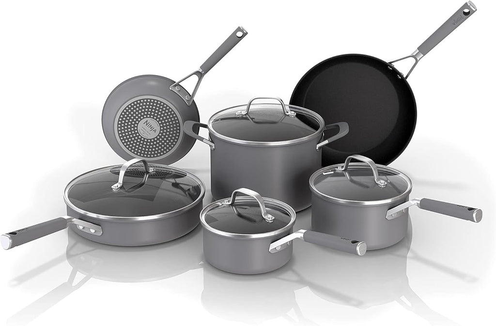 Ninja NeverStick Professional Hard-Anodized 10 Piece Pots & Pans Set, Nonstick Cookware Set, Durable, Oven Safe to 500°F, Slate Grey, C39500