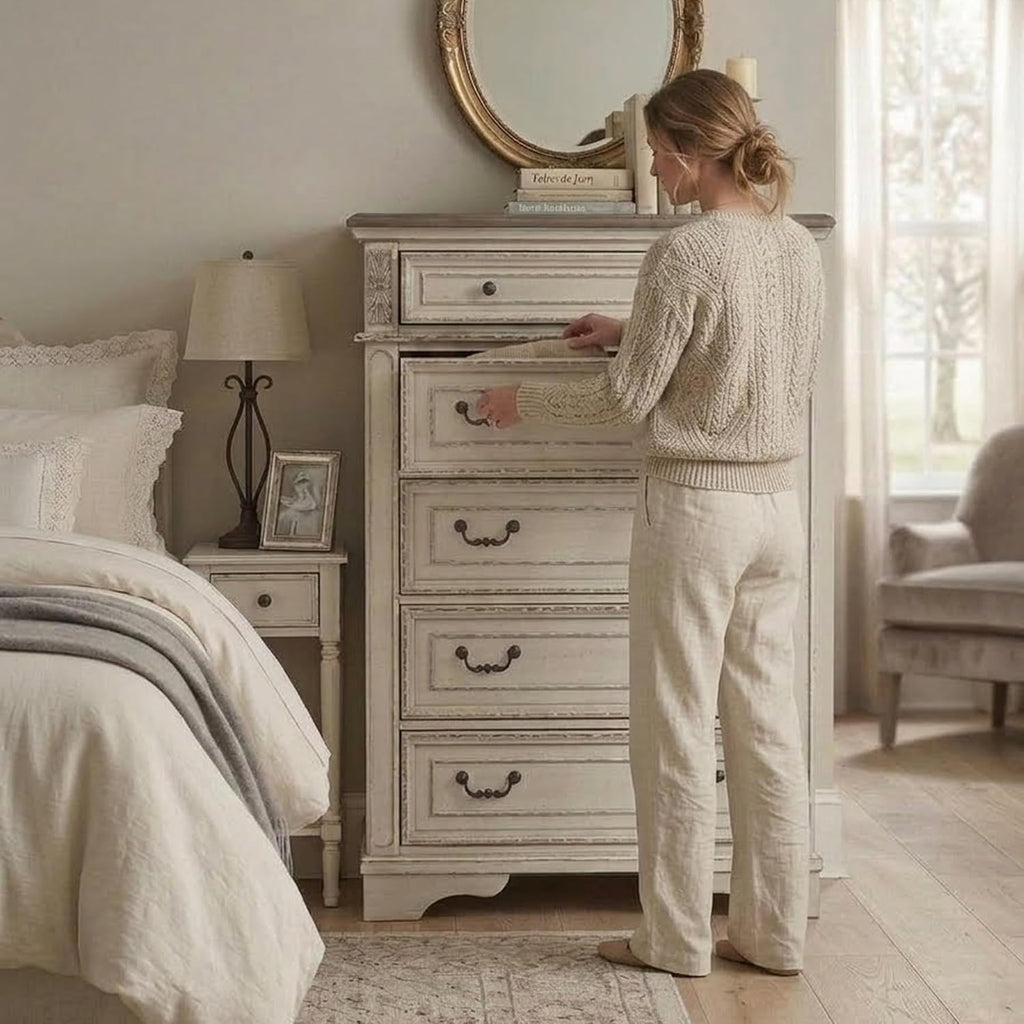 Signature Design by Ashley Realyn French Country 5 Drawer Chest, Tipover Restraint Device, 2-tone Finish, Wood, 40.13" W x 18.13" D x 58.13" H, Chipped White