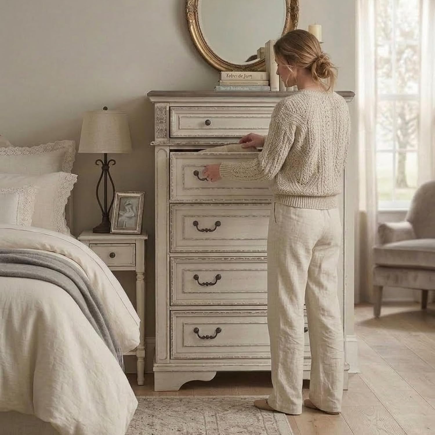 Signature Design by Ashley Realyn French Country 5 Drawer Chest, Tipover Restraint Device, 2-tone Finish, Wood, 40.13" W x 18.13" D x 58.13" H, Chipped White