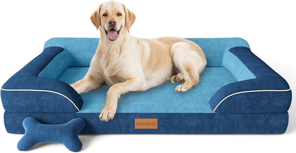 CWAWZ Extra Large Dog Bed, Orthopedic Dog Bed with Cooling Gel Memory Foam, Waterproof XL Pet Bed with Removable Washable Cover, 42" Pet Sofa Couch Dutch Velvet with Bone Toy, Light Gray