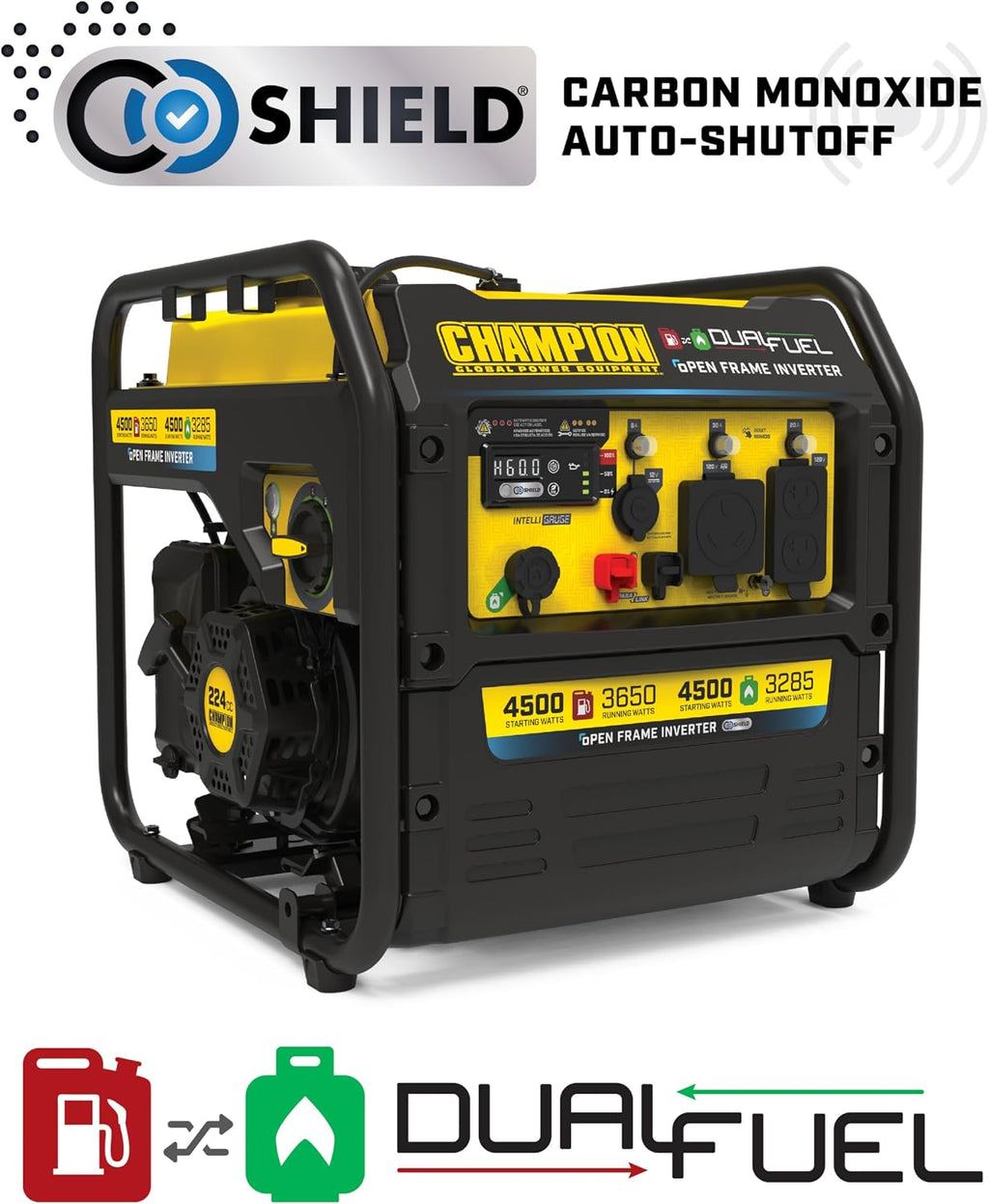 Champion Power Equipment 4,500-Watt Electric Start Dual Fuel RV Ready Portable Open Frame Inverter Generator with Quiet Technology and Free 3-Year Warranty