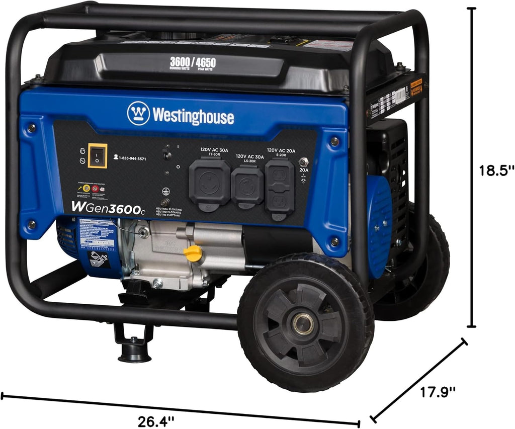 Westinghouse 4650 Peak Watt Portable Generator, RV Ready 30A Outlet, Wheel & Handle Kit, Gas Powered, CO Sensor