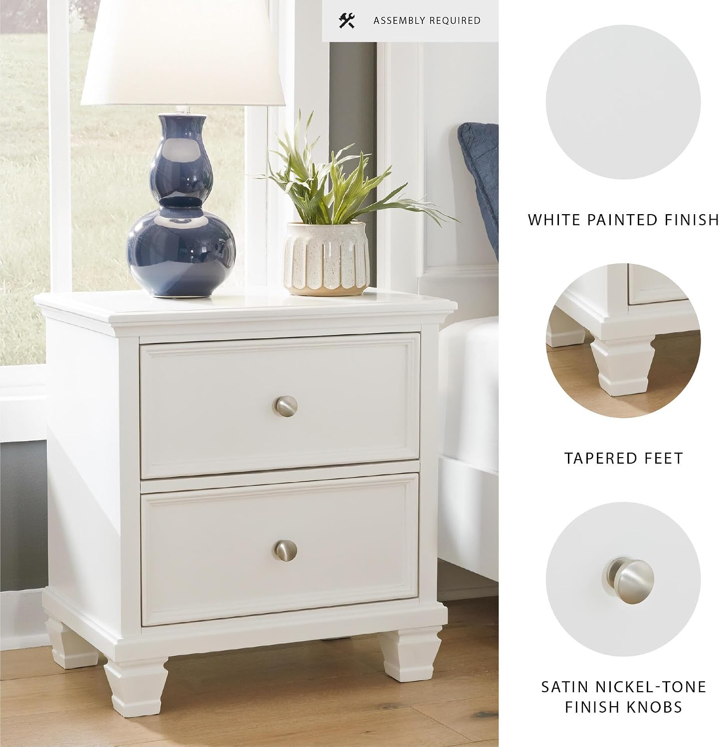 Signature Design by Ashley Fortman White Nightstand, 2 Drawer Storage, Hardwood Solids and MDF Construction, Traditional Wood Bedside Table, 25" W