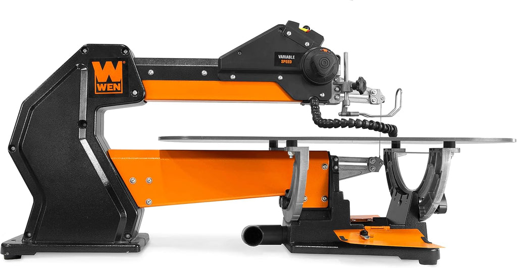 WEN LL2156 21-Inch 1.6-Amp Variable Speed Parallel Arm Scroll Saw with Extra-Large Dual-Bevel Steel Table, Black Orange