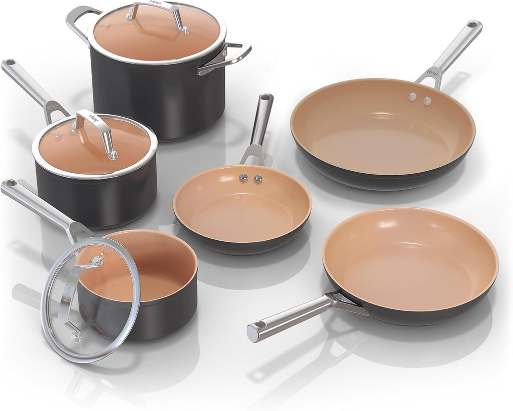 Ninja Pots and Pans Set Non Stick | Extended Life Premium Ceramic Cookware Set | 9-Piece Nonstick | PTFE Free | Oven Safe to 550°F | Induction Compatible | Frying Pan x3 | Cooking Pot x3 | CW99009