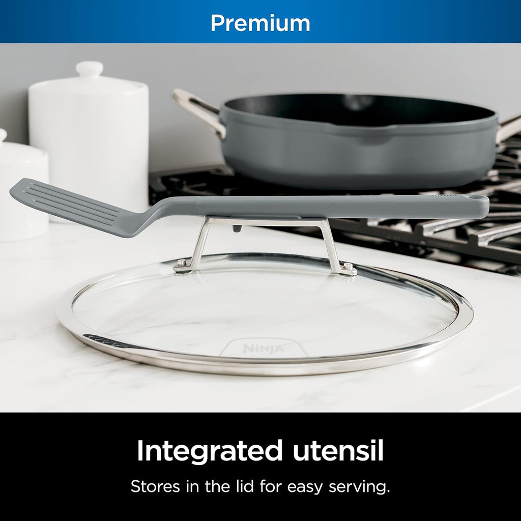 Ninja Foodi NeverStick 4 Quart Pan with Lid, Strainer, & Spatula, Oven Safe, Sea Salt Grey