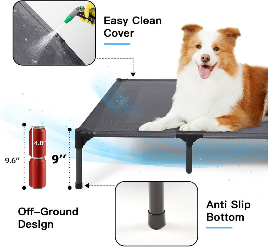 suddus Elevated Dog Bed for Large Dogs 120lb, Breathable Cooling Raised Dog Cot with Dual Support Bars & Metal Frame, No-Slip Feet, Waterproof Pet Bed for Indoor/Outdoor, X-Large, 48 * 36 * 9in, Grey