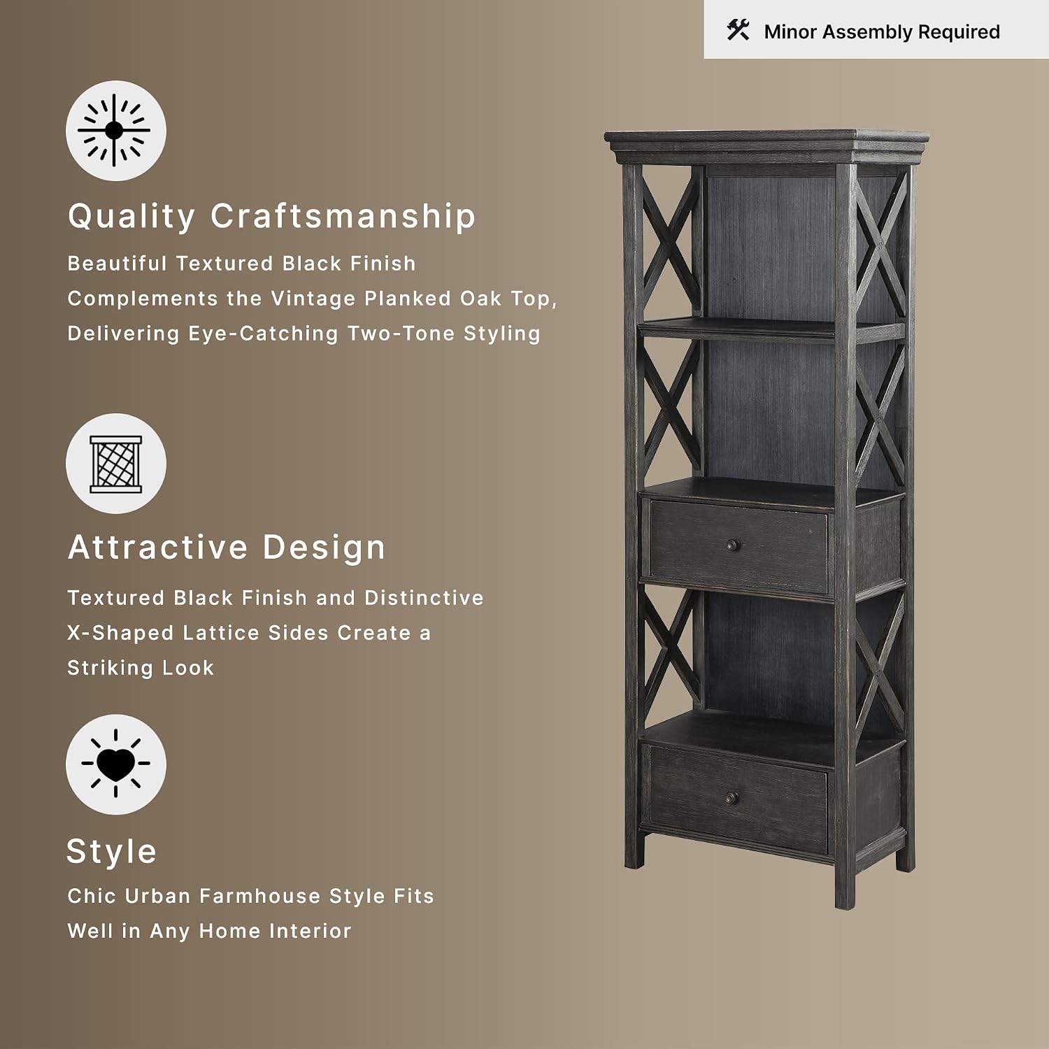 Signature Design by Ashley Tyler Creek Casual Farmhouse 75" Display Cabinet or Bookcase with Drawers and Shelf, Open Lattice Sides, Wood, Gray Black Finish