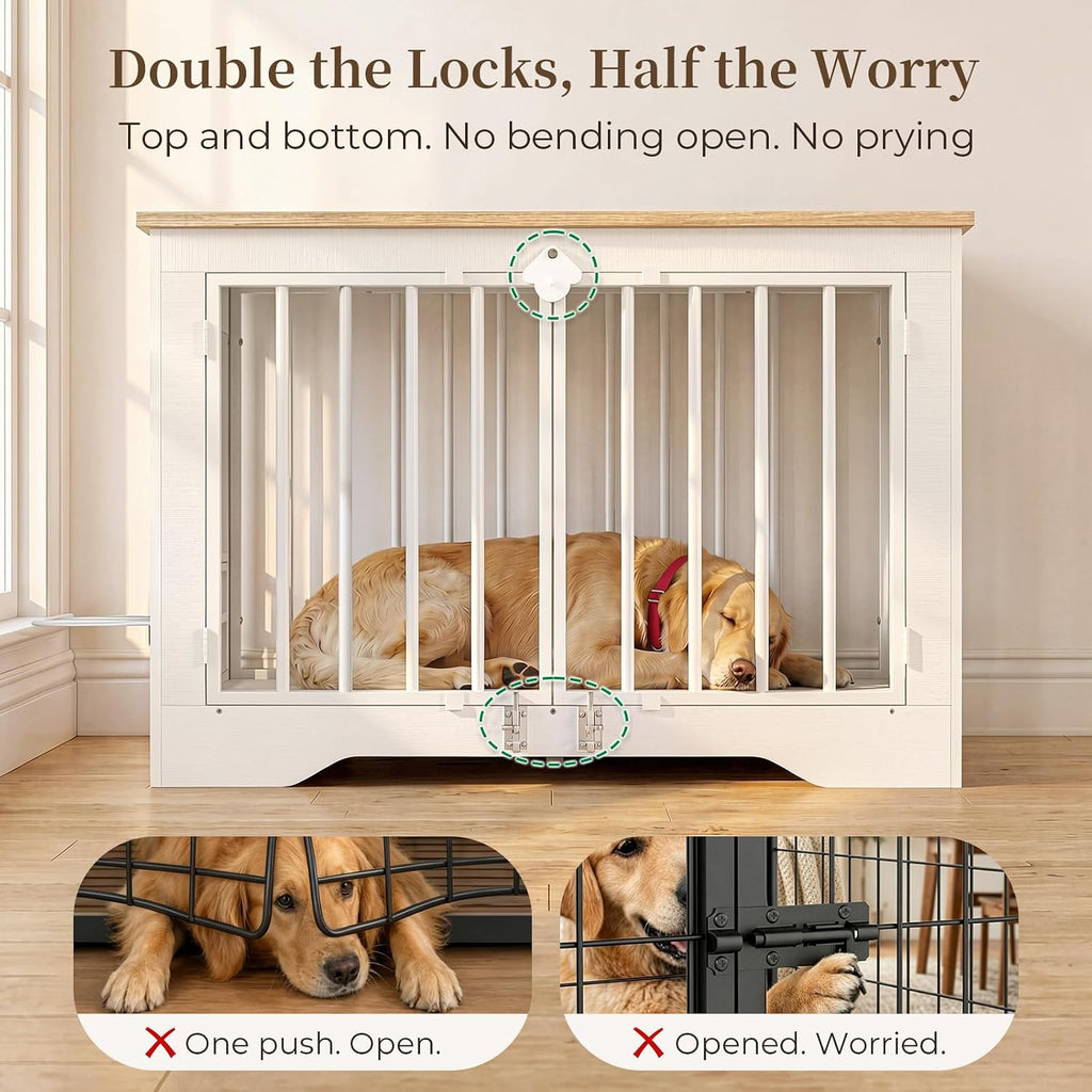 Dog Crate Furniture 38in, Wooden Indoor Pet Kennel End Table with 360 Degree Rotating Feeder Door, Secure Double Latches and Solid Base for Medium Dogs, Natural and White