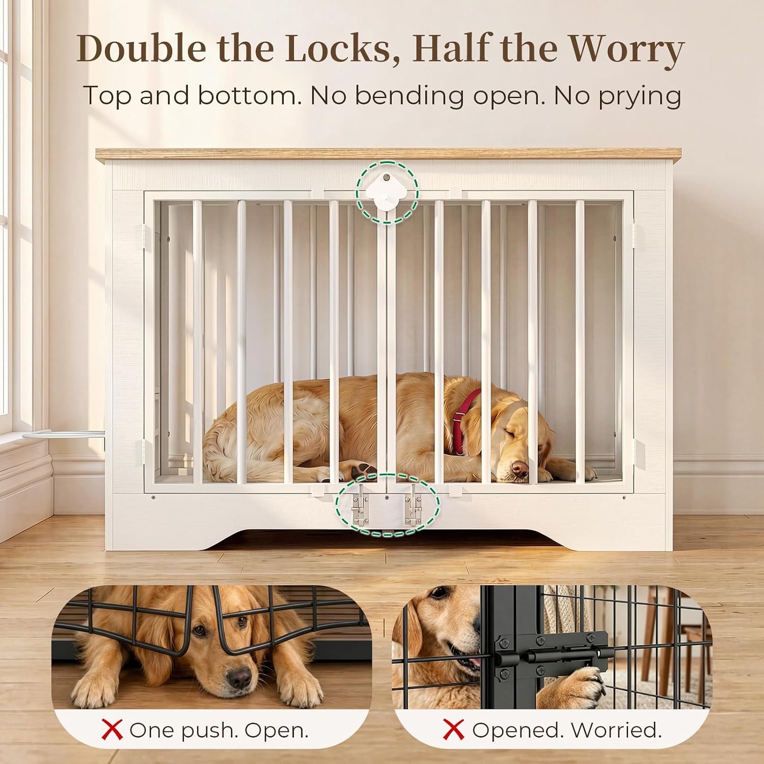 Dog Crate Furniture 38in, Wooden Indoor Pet Kennel End Table with 360 Degree Rotating Feeder Door, Secure Double Latches and Solid Base for Medium Dogs, Natural and White
