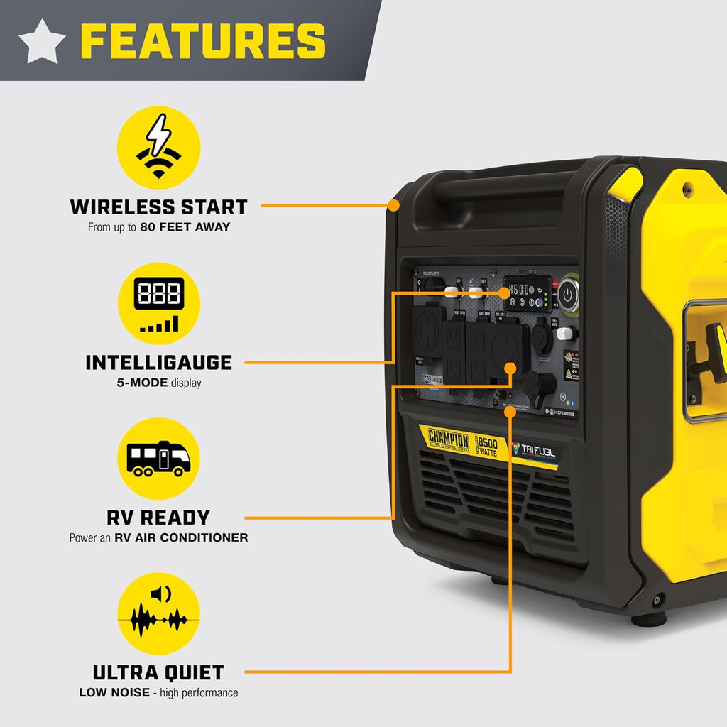 Champion Power Equipment 8500-Watt Wireless Remote Start Ultra Quiet Tri Fuel RV Ready Portable Inverter Generator with StartLINK, Free 3-Year Warranty